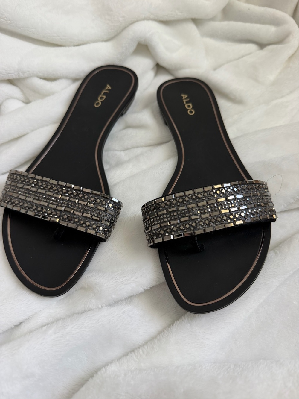 ALDO Black Slide Sandals with Gunmetal Beaded Straps